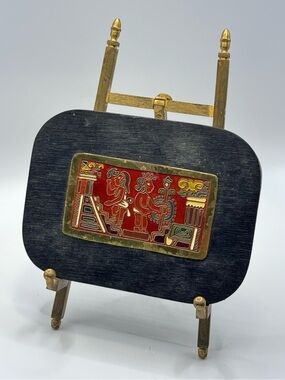 Vintage Mexican Wooden Wall Art Plaque & JANIS Brass Table Easel Display
